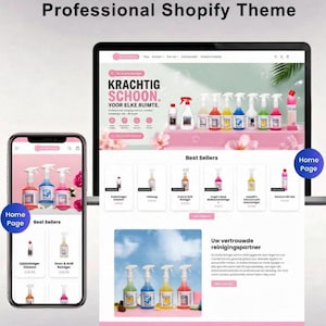 May include: A digital display of a Shopify website theme for a cleaning products store, featuring a mobile phone view and a desktop view. The layout includes product images of spray bottles, text headers like KRACHTIG SCHOON, and sections for Best Sellers.