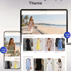Puede incluir: Una visualización digital de un tema de Shopify de moda y ropa que muestra la interfaz de un sitio web en una computadora portátil y un teléfono móvil. Las pantallas presentan el encabezado de la marca Gray Sydney y varias categorías de vestidos.