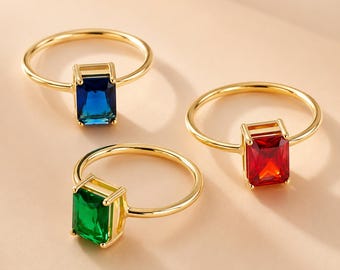 Emerald Cut Birthstone Ring, Personalized Gemstone Ring, Art Deco Baguette Ring, Custom Birthstone Jewelry, Anniversary Gift