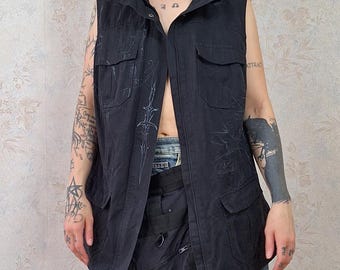 OOAK Techwear Utility Vest | Hand Drawn Wearable Art | Avant Garde Cyberpunk Tactical Gilet