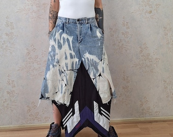 Falda larga vaquera reciclada / Falda vaquera reconstruida / Ropa urbana con patchwork hecha a mano / Moda sostenible única