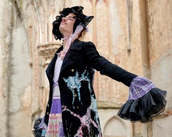 Hand Painted Avant Garde Coat – Upcycled Black Peacoat – Wearable Art Jacket