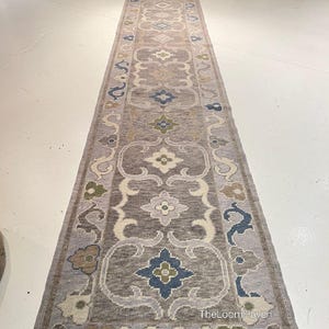 Muted Grey Beige Floral Runner Rug 3x14 Hand Knotted Wool Oushak Runner Vintage Turkish Hallway Rug Long Corridor Carpet Long Narrow Rug