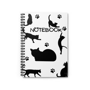 May include: A white spiral-bound notebook with black cat silhouettes and paw prints. The word "NOTEBOOK" is printed in black. A practical and stylish item for cat enthusiasts, perfect for notes and sketches.