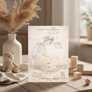 Peut inclure: Invitation de baby shower avec un design doux à l'aquarelle. L'invitation présente un berceau, des jouets et les mots "Baby Shower". La date est le 2 mai 2030 à 20h30. L'invitation est sur une table en bois avec un ours en peluche et un vase.