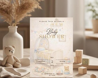 Invitación imprimible para baby shower en tonos neutros, plantilla editable de Canva para invitación de baby shower, descarga instantánea de la invitación, edítala tú mismo.
