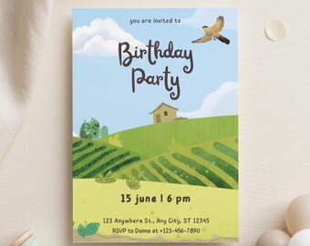 Plantilla de Canva para invitación de cumpleaños con temática de granja, invitación rústica para fiesta infantil (descarga digital)