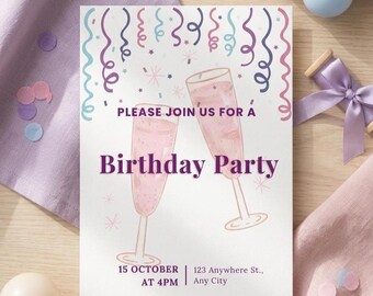 Plantilla de invitación para fiesta de cumpleaños de adultos, invitación moderna editable en Canva (descarga digital)