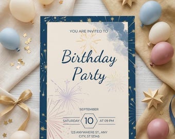 Invitación de cumpleaños elegante, plantilla minimalista moderna de Canva (descarga digital)
