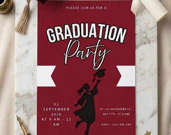 Invitación a fiesta de graduación color borgoña, invitación elegante y editable para graduación, descarga imprimible, plantilla de invitación para fiesta de graduación, descarga digital.