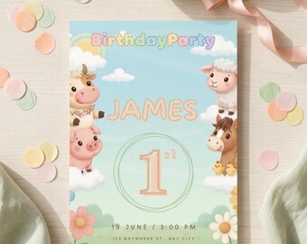 Invitación de cumpleaños con animales de granja, invitación para fiesta en la granja, plantilla editable de Canva para niños (descarga digital), cumpleaños infantil con temática de granja