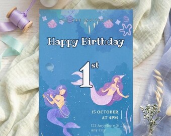 Invitación de cumpleaños de sirena, fiesta submarina, plantilla editable de Canva (descarga digital)