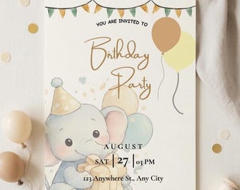 Plantilla de invitación de cumpleaños de elefante, invitación editable para fiestas infantiles en Canva, fiesta de elefante bebé en safari, descarga instantánea imprimible.