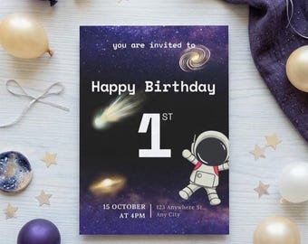 Plantilla de invitación de cumpleaños espacial, invitación para fiesta de galaxias en el espacio exterior (descarga digital)
