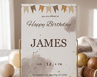 Invitación de cumpleaños infantil neutra, invitación editable en Canva, invitación de fiesta de cumpleaños bohemia, invitación de cumpleaños infantil minimalista, descarga imprimible.