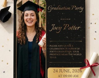 Plantilla de Canva para invitación de graduación con foto, invitación editable para fiesta de graduación con foto, descarga de invitación de graduación imprimible.