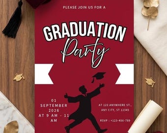 Plantilla de Canva para invitación de graduación, invitación editable para fiesta de graduación en color burdeos, descarga de invitación de graduación imprimible, invitación para fiesta de graduación