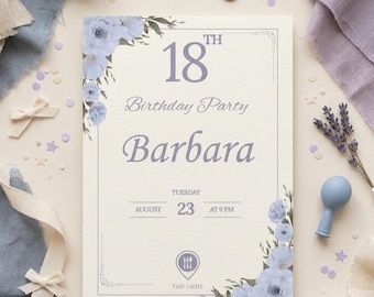 Plantilla editable para invitación de cumpleaños número 18, invitación moderna con diseño floral (descarga digital)