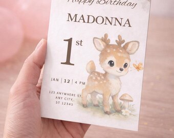 Invitación de cumpleaños de ciervo para niña, invitación editable en Canva, invitación para fiesta de ciervos del bosque, invitación de cumpleaños de cervatillo, imprimible de bosque bohemio