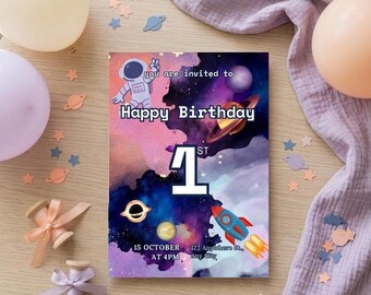 Invitación de cumpleaños espacial, plantilla para fiesta de galaxia de astronautas (descarga digital), invitación para fiesta de galaxia, cumpleaños infantil con temática espacial, invitación espacial