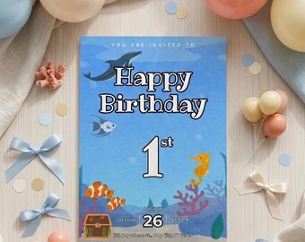 Invitación de cumpleaños con temática submarina, invitación editable para fiesta oceánica (descarga digital)