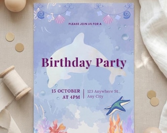 Invitación de cumpleaños de sirena, fiesta submarina, plantilla editable de Canva (descarga digital)