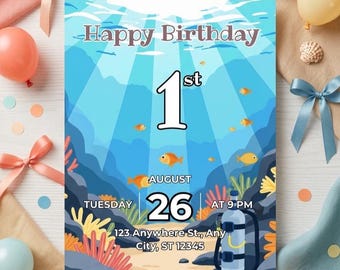 Invitación de cumpleaños con temática de animales marinos, invitación para fiesta de criaturas marinas (descarga digital)
