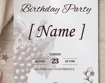 Invitación de cumpleaños con temática de vino, plantilla editable de Canva, invitación para fiesta de adultos (descarga digital)