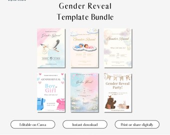 Paquete de invitaciones para revelación de género, 6 plantillas editables de Canva, invitación neutra para revelación de género, descarga instantánea imprimible, paquete para fiesta de bebé