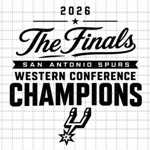 Pode incluir: Um design gráfico a preto e branco com o texto 2026 The Finals San Antonio Spurs Western Conference Champions, um ícone de estrela e o logótipo dos San Antonio Spurs, sobre um fundo branco com um padrão de grelha subtil sobreposto.