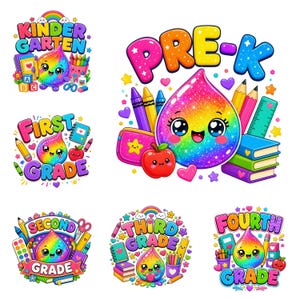 Rainbow Pre-K Grade Dumpling PNG Bundle, Cute Back to School Sublimation Clipart, Kindergarten First Second Third Fourth Grade PNG