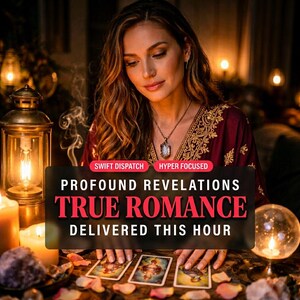 May include: A woman in a burgundy dress with gold embroidery is reading tarot cards. The image includes candles, a lantern, and a crystal ball. Text on a black banner reads "Profound Revelations, True Romance, Delivered This Hour."