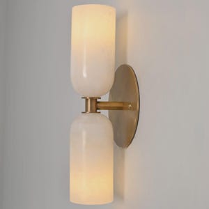 Handcrafted Brass Double Wall Sconce | Alabaster Bathroom Vanity Light | Mid Century Modern Wall Lamp