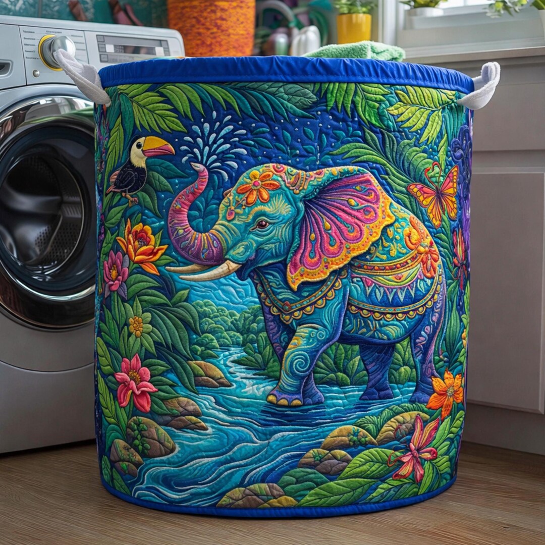 Colorful Elephant Jungle Quilted Laundry Basket, Tropical Animal Fabric ...