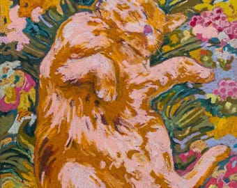 Wydruk z kotem Napper – pastel olejny, tło kwiatowe, matowe wykończenie