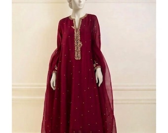 Burgundy Zardozi Suit Set | Butter Silk Kurta & Izaar