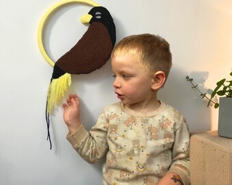 Gran tapiz de ave del paraíso, arte textil con aguja perforadora, decoración bohemia para guardería, arte mural de aves tropicales, decoración de plumas para habitación infantil, regalo para bebé
