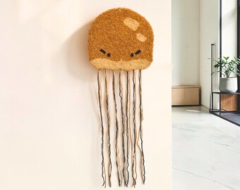 Arte de pared de medusas hecho a mano con aguja perforadora, decoración textil con hilo de mezcla de lana