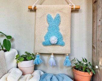 Tapiz de pared con forma de cola de conejo, decoración infantil de conejo con cuentas de madera, regalo de baby shower con mechones para niños y niñas, arte bohemio para la habitación infantil.