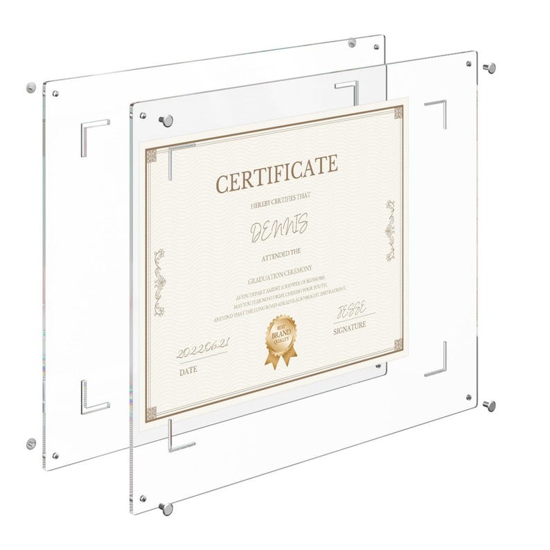 May include: Clear acrylic certificate frame with silver hardware. The frame holds a certificate with the text "CERTIFICATE" and the name "DENNIS". The certificate also includes the date "20220621".