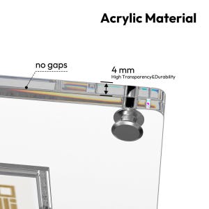 May include: Close-up of a clear acrylic material with the text "Acrylic Material". The image highlights the product's features, including "no gaps" and a thickness of 4 mm, emphasizing high transparency and durability.