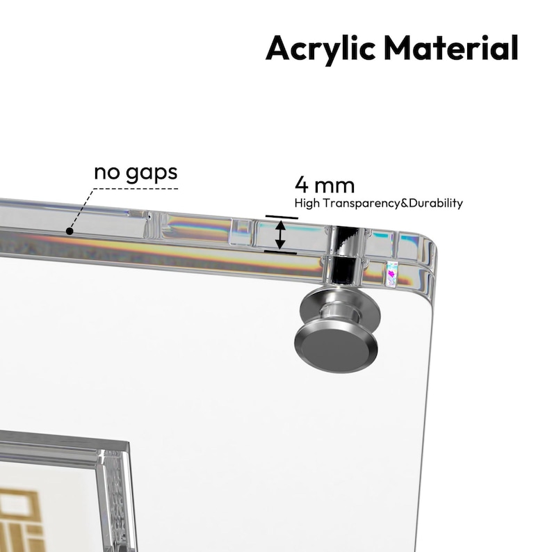 May include: Close-up of a clear acrylic material with the text "Acrylic Material". The image highlights the product's features, including "no gaps" and a thickness of 4 mm, emphasizing high transparency and durability.
