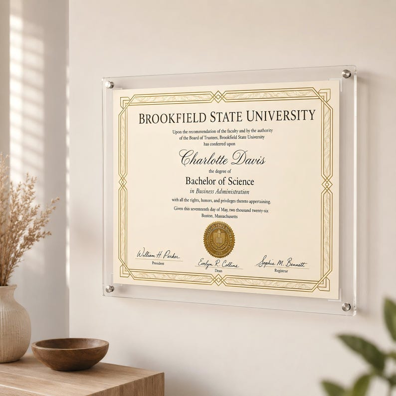 May include: A framed diploma from Brookfield State University, displayed on a white wall. The diploma is for a Bachelor of Science in Business Administration, with gold accents and text. The frame is clear acrylic, and the diploma is secured with silver hardware.