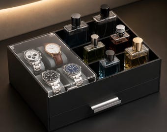 Matte Black Acrylic Watch and Cologne Organizer with Drawer