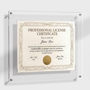 May include: A framed professional license certificate. The certificate is beige with gold accents and text that reads "PROFESSIONAL LICENSE CERTIFICATE" and "Jane Doe". The frame is clear acrylic with silver hardware.