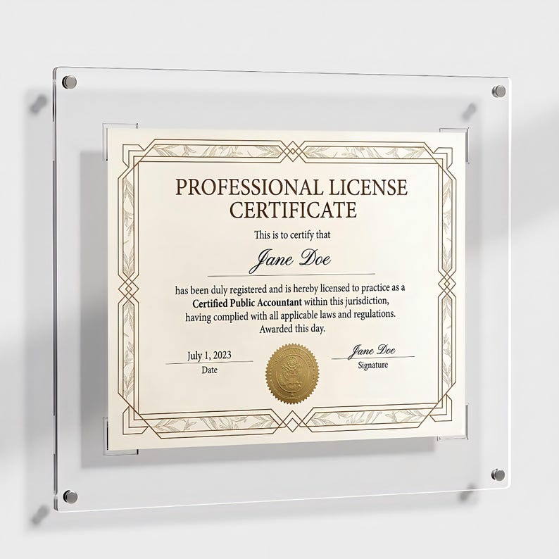 May include: A framed professional license certificate. The certificate is beige with gold accents and text that reads "PROFESSIONAL LICENSE CERTIFICATE" and "Jane Doe". The frame is clear acrylic with silver hardware.