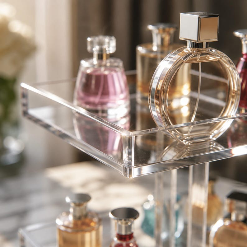 Peut inclure: Un pr&eacute;sentoir &agrave; plusieurs niveaux en acrylique transparent contenant divers flacons de parfum en verre. Le niveau sup&eacute;rieur pr&eacute;sente un flacon circulaire pro&eacute;minent avec un bouchon carr&eacute; argent&eacute;, ainsi que d'autres flacons.