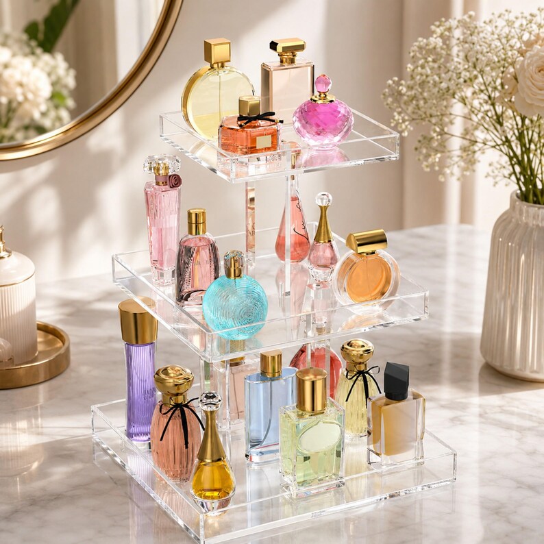 Peut inclure: Un pr&eacute;sentoir &agrave; trois niveaux en acrylique transparent contenant divers flacons de parfum de formes, tailles et couleurs vari&eacute;es, incluant des contenants en verre rose, bleu, jaune et transparent avec des bouchons dor&eacute;s sur une structure carr&eacute;e.