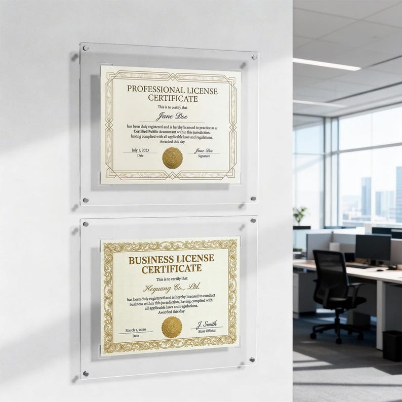 May include: Two clear acrylic frames displaying professional and business license certificates. The certificates have gold seals and ornate borders. The text on the top certificate reads "PROFESSIONAL LICENSE CERTIFICATE". The bottom certificate reads "BUSINESS LICENSE CERTIFICATE".