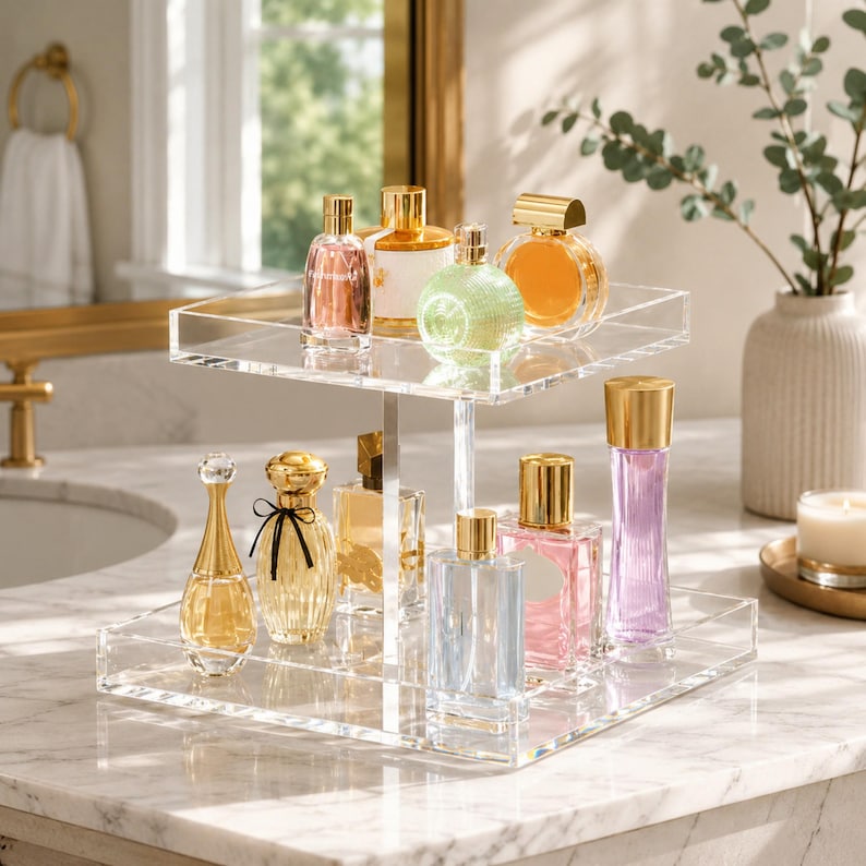 May include: A clear, two-tiered acrylic perfume organizer displaying various perfume bottles with gold and silver accents. The bottles are in shades of pink, orange, and blue. The organizer sits on a marble countertop.